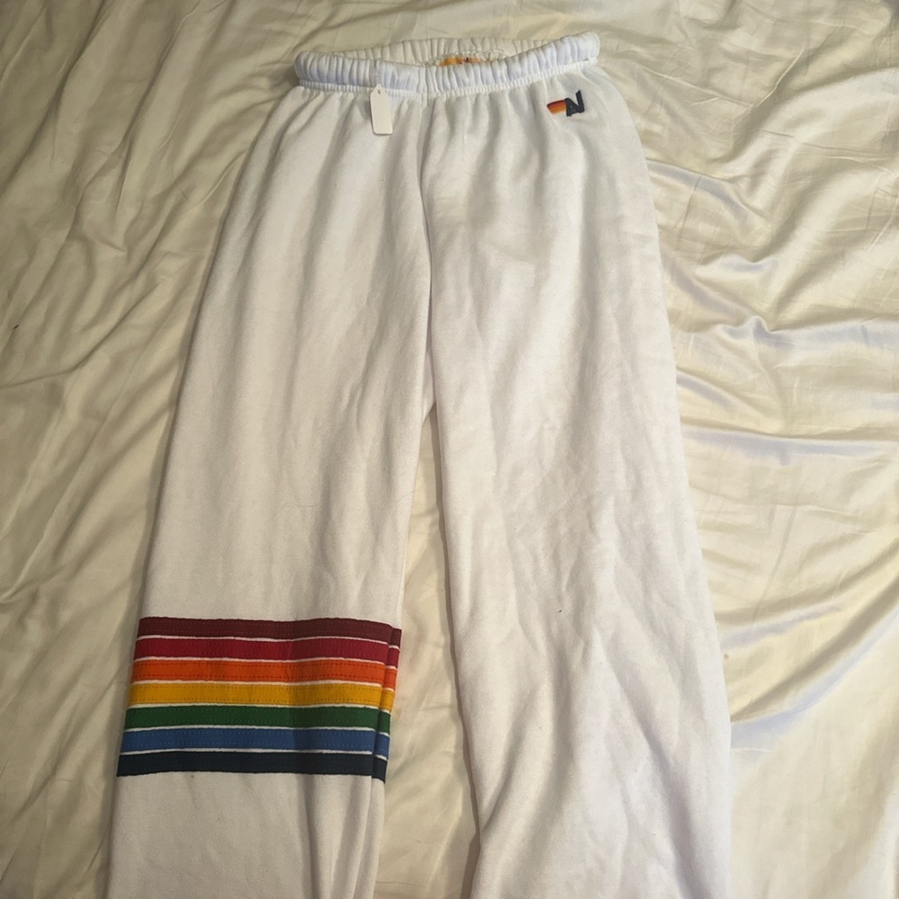 aviator nation rainbow 5 stripe white sweatpants